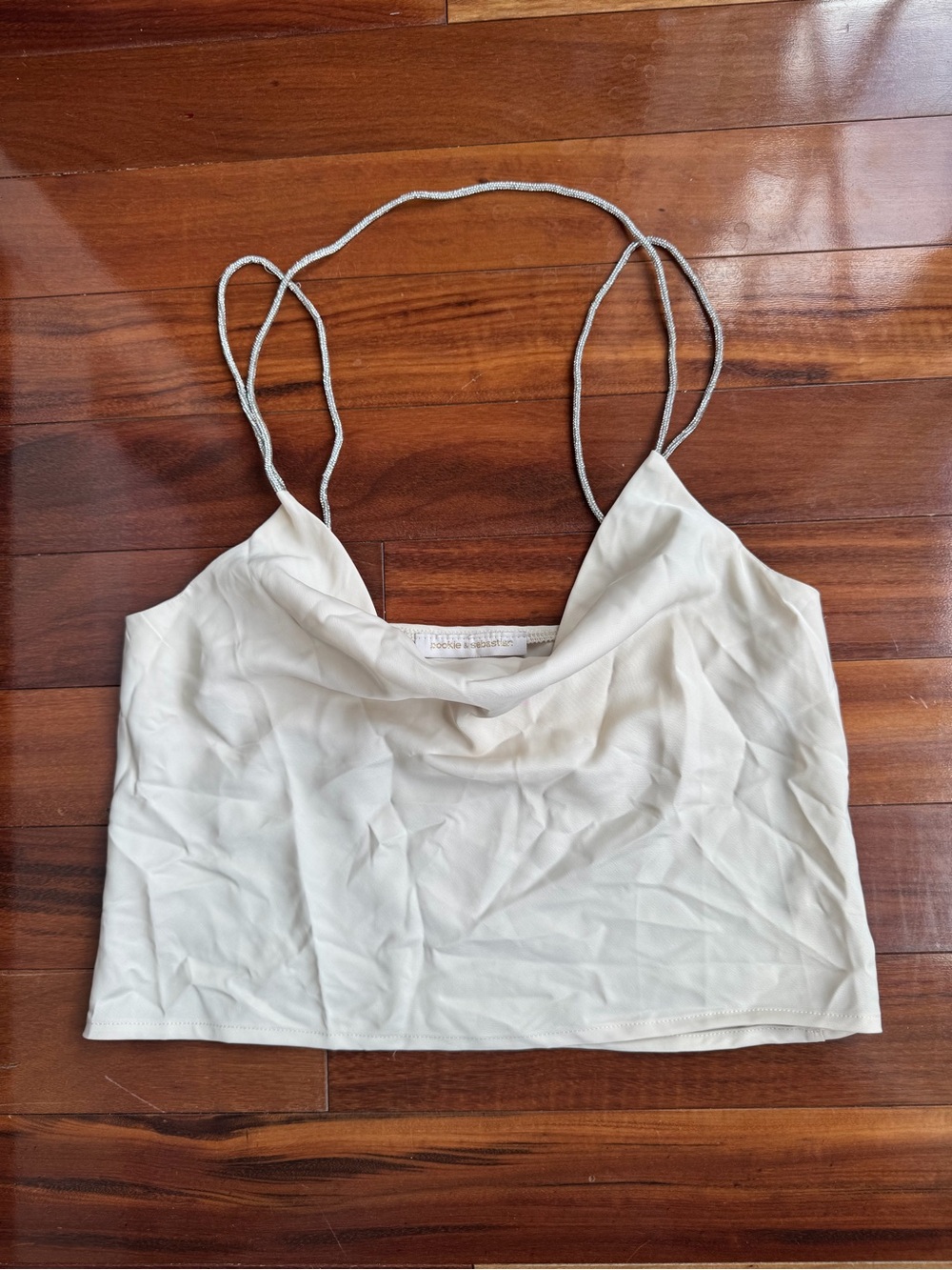 Pookie and Sebastian Ivory Cowl Neck Crop Cami with Double Rhinestone Straps